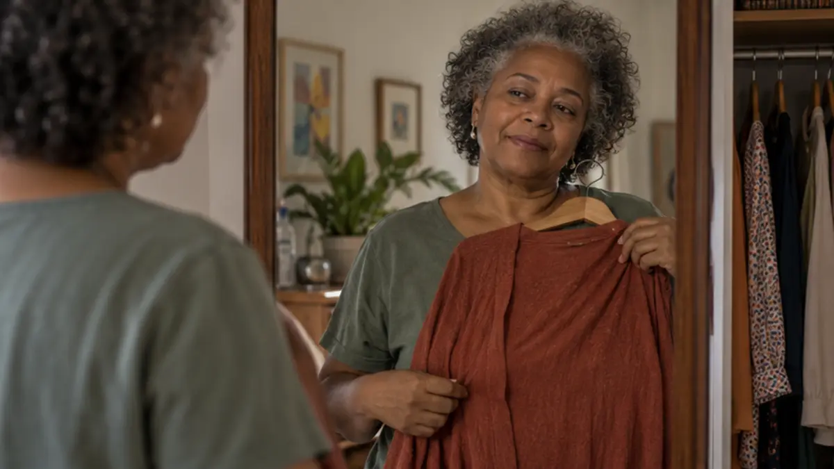 Mulher de cabelos grisalhos segura uma roupa avermelhada diante do espelho
