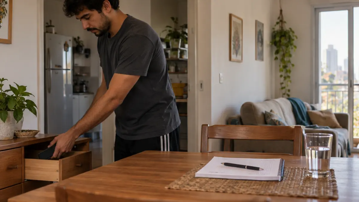 Homem abre uma gaveta ao lado da mesa com um caderno