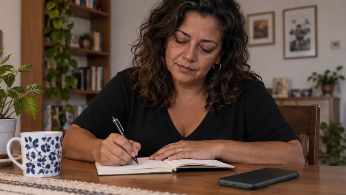 Mulher escreve em um caderno com o celular sobre a mesa