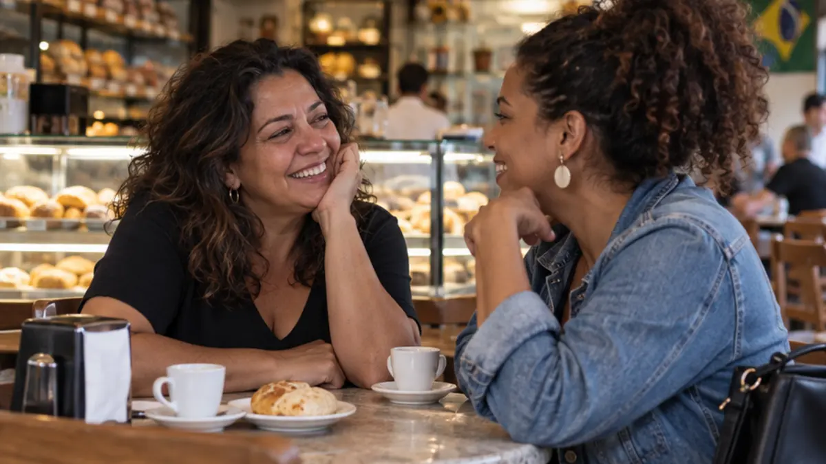 Duas mulheres conversam à mesa de uma cafeteria