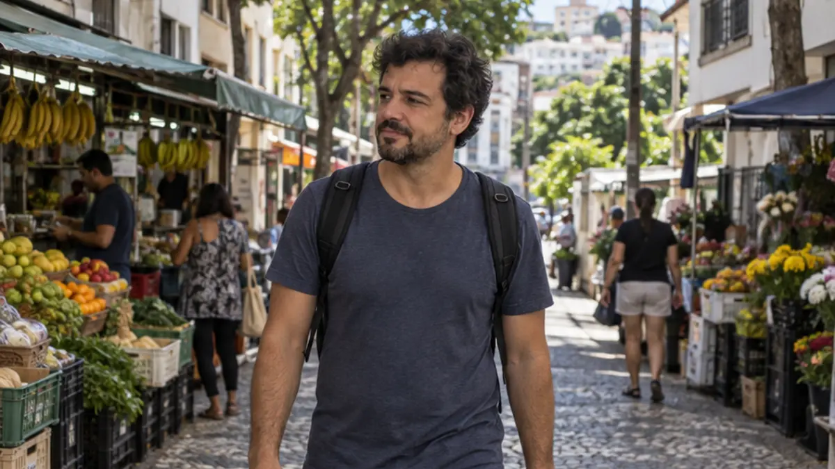 Homem de mochila caminha por uma rua com bancas de comércio