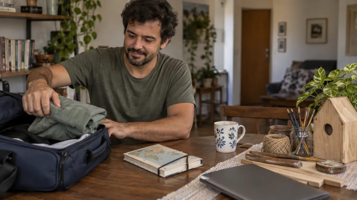 Homem organiza uma mochila sobre a mesa de casa
