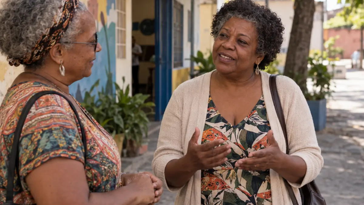 Duas mulheres de cabelos grisalhos conversam em uma área externa