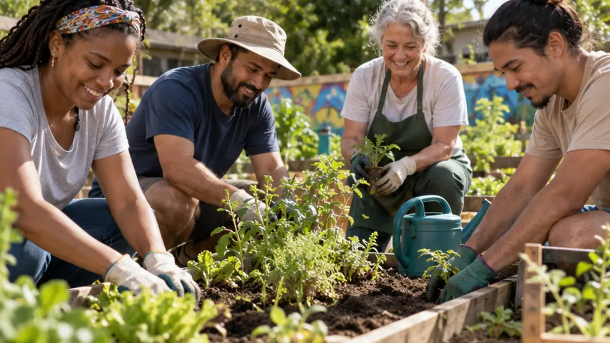 Quatro adultos cuidam de plantas em uma horta comunitária
