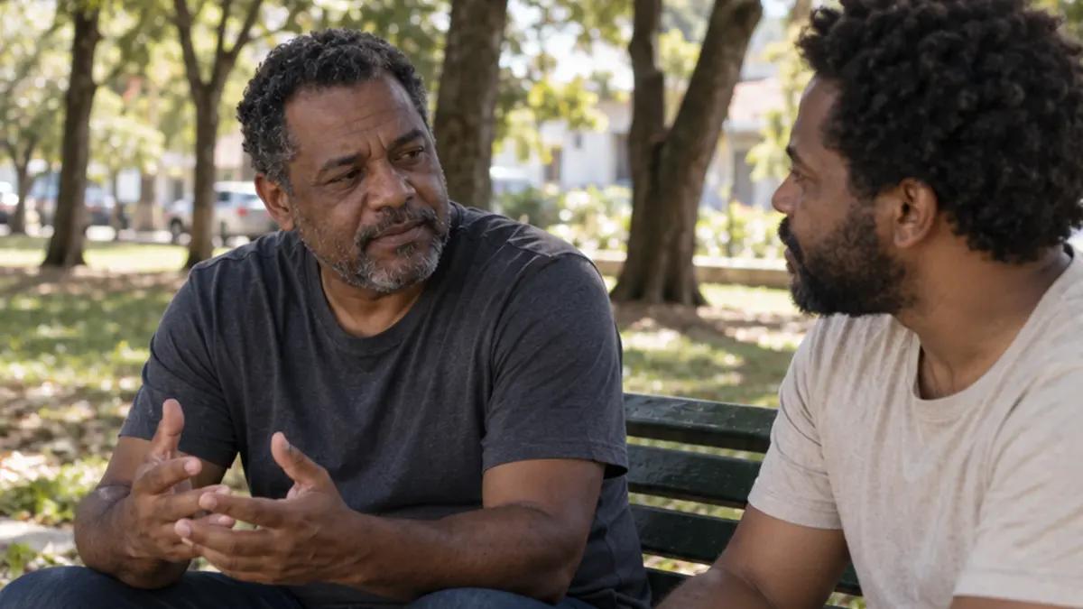 Dois homens conversam sentados em um banco de praça