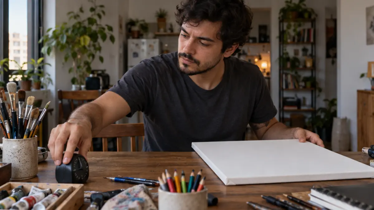 Homem posiciona materiais de pintura diante de uma tela em branco