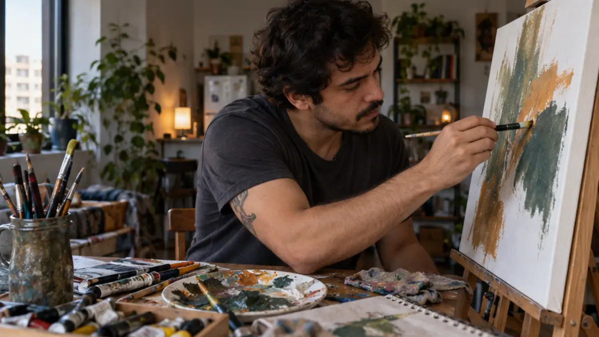 Homem aplica tinta em uma tela apoiada no cavalete