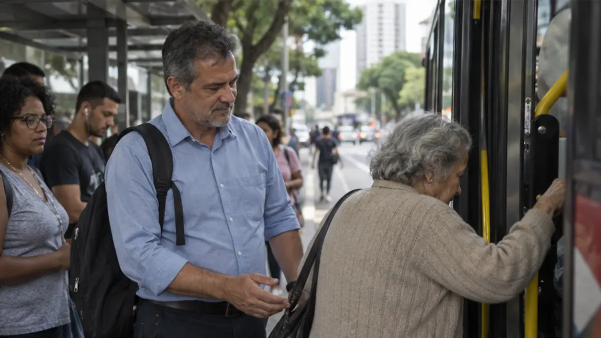 Homem de mochila aguarda enquanto uma mulher entra em um ônibus