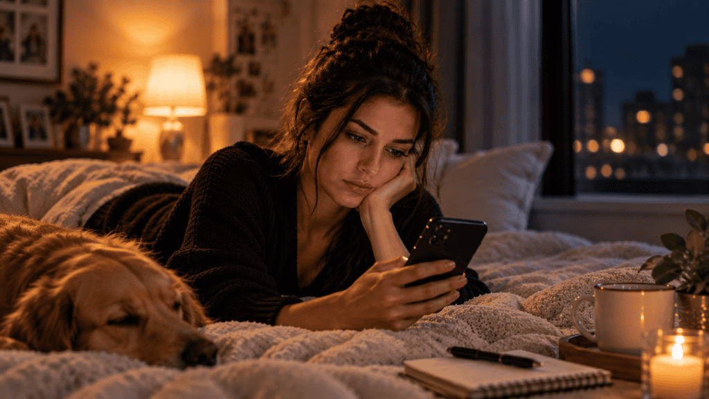 Pessoa sozinha observa o celular sentada em casa à noite
