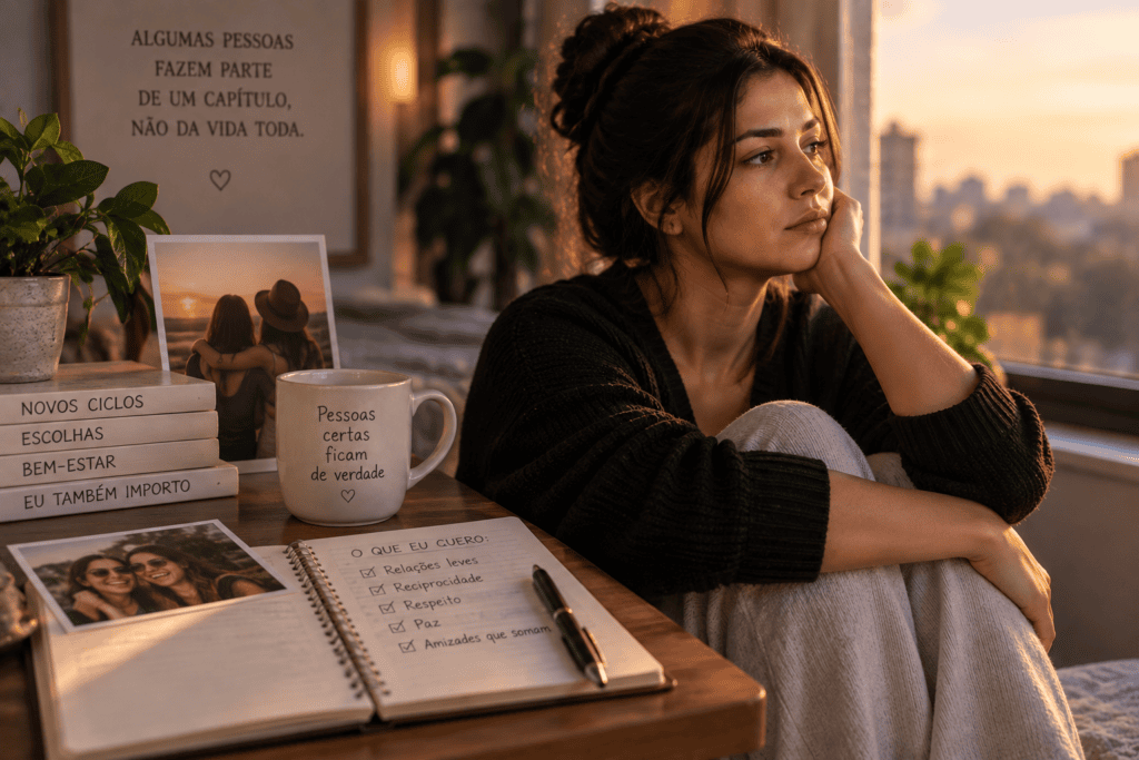 Pessoa revisa mensagens e anota o que espera de uma amizade importante