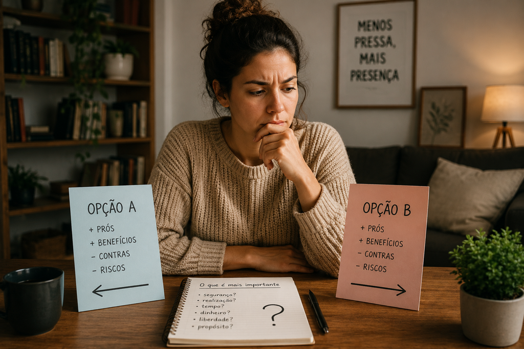 Pessoa anotando prós, contras e informações decisivas em um caderno
