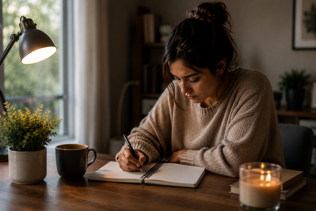 Pessoa registrando pensamentos em um caderno para separar fatos e preocupações