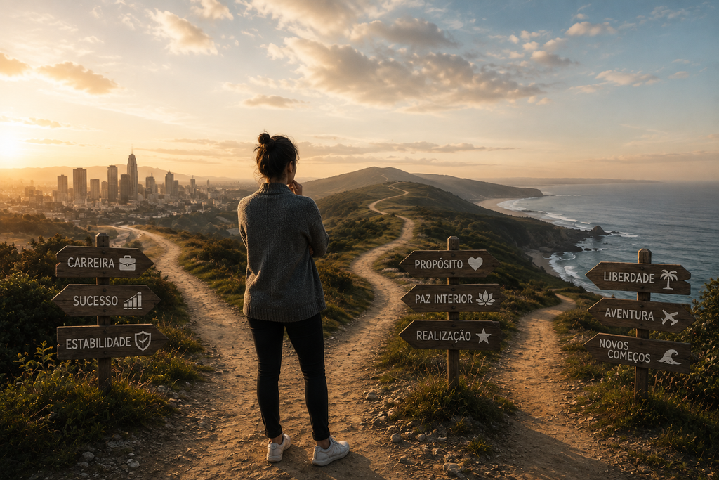 Pessoa adulta avaliando diferentes possibilidades de vida por volta dos 30 anos